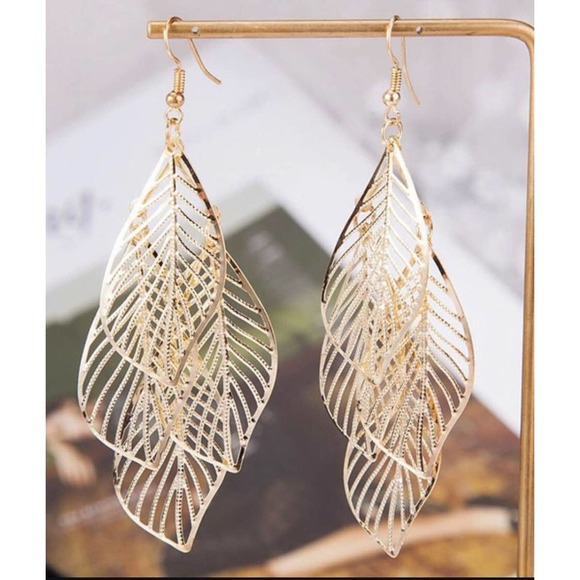 Flowy Gold-Tone Leaf Leaves Dangle Wire Hook Earrings (#31) - Picture 2 of 2